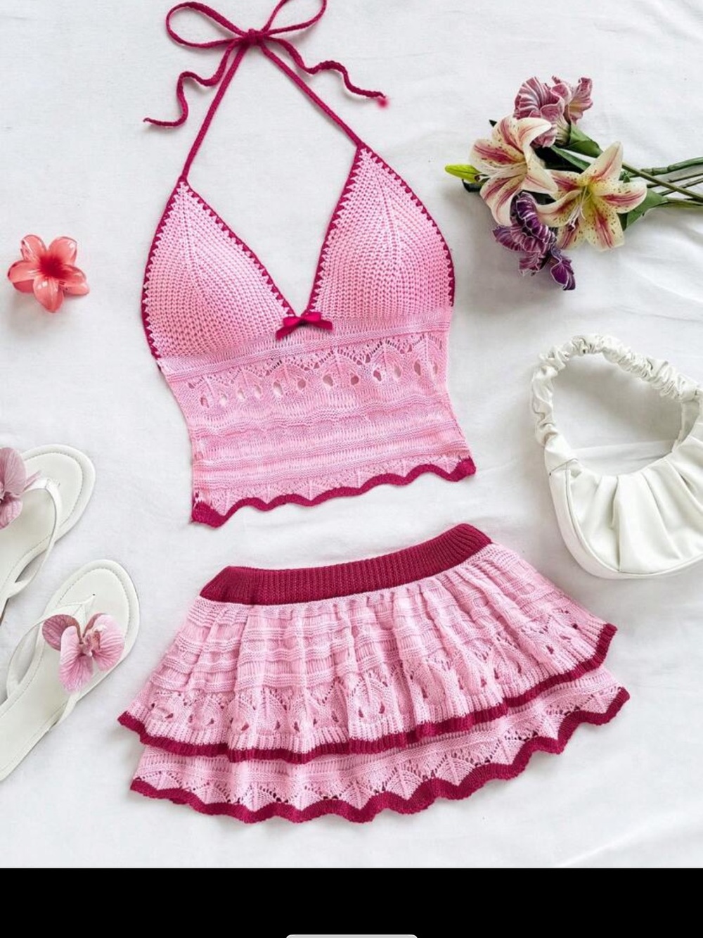 Pink Crochet Halter Top & Skirt Set